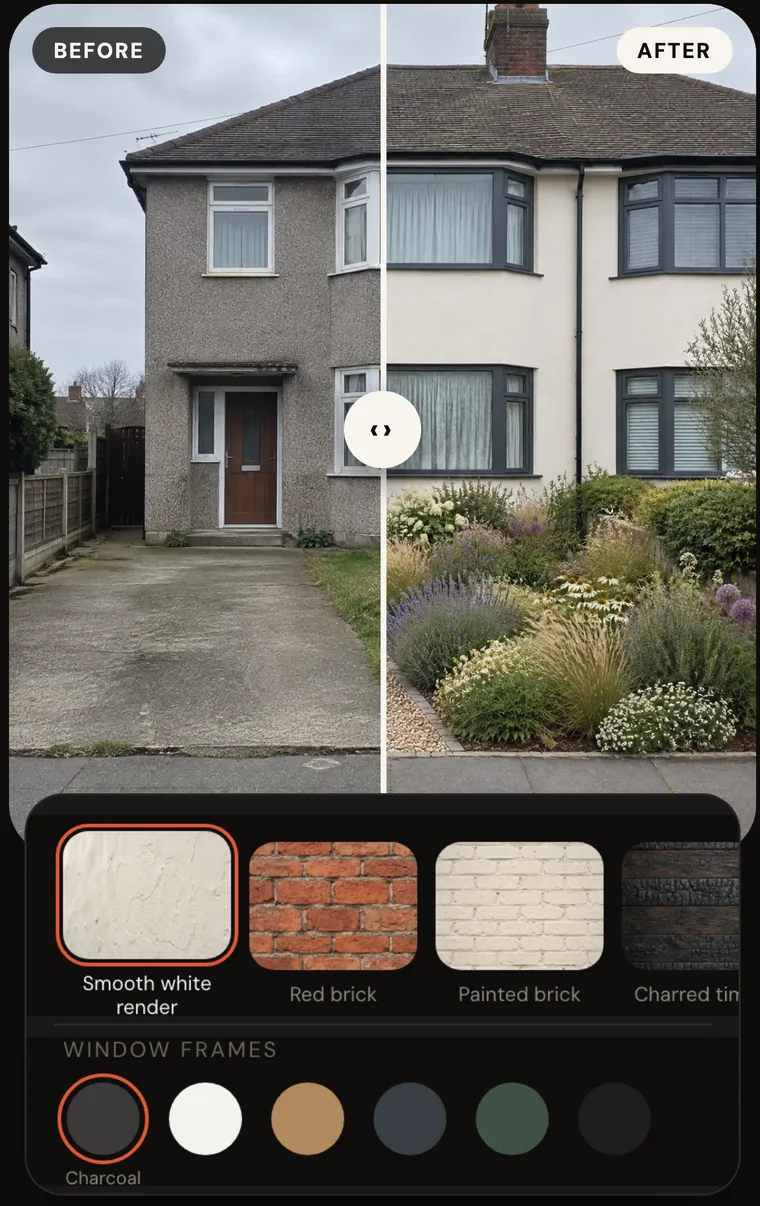 The Cozia exterior tool showing a house before and after with render, brick and window frame choices