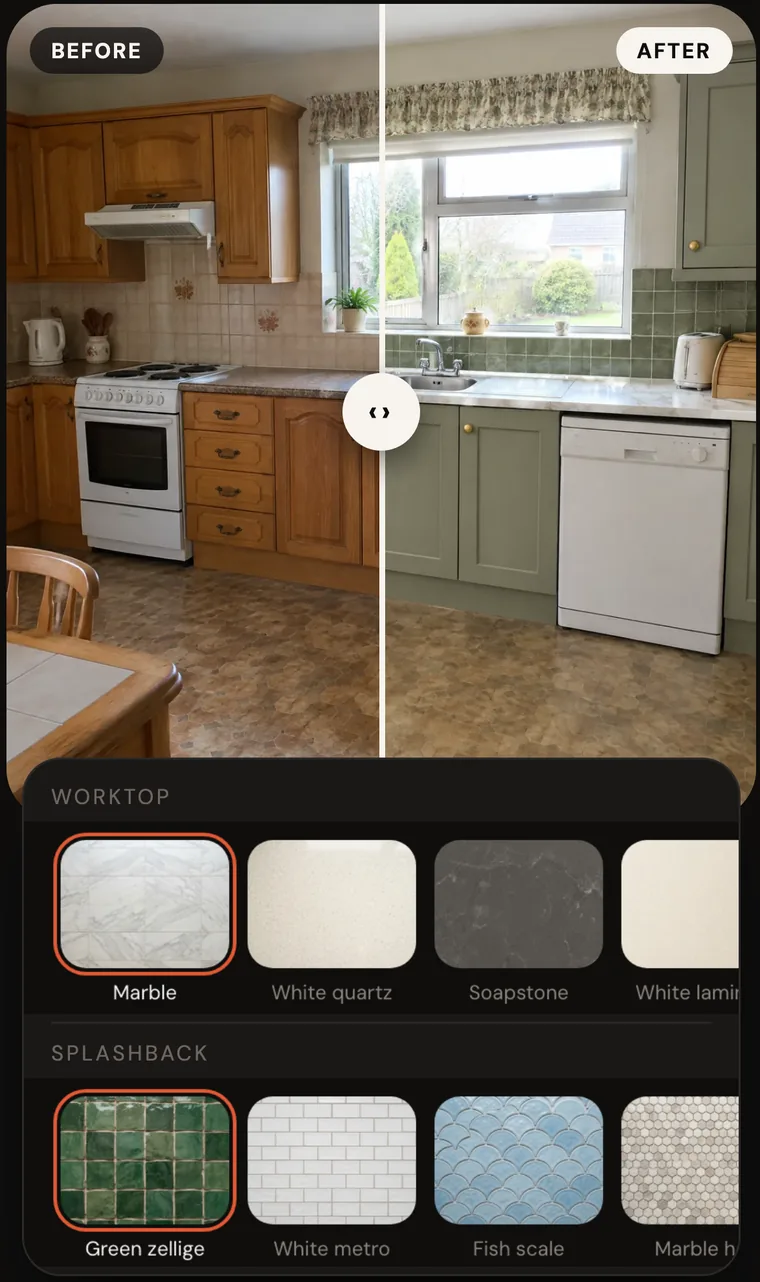 The Cozia kitchen tool showing a before and after slider with worktop and splashback choices