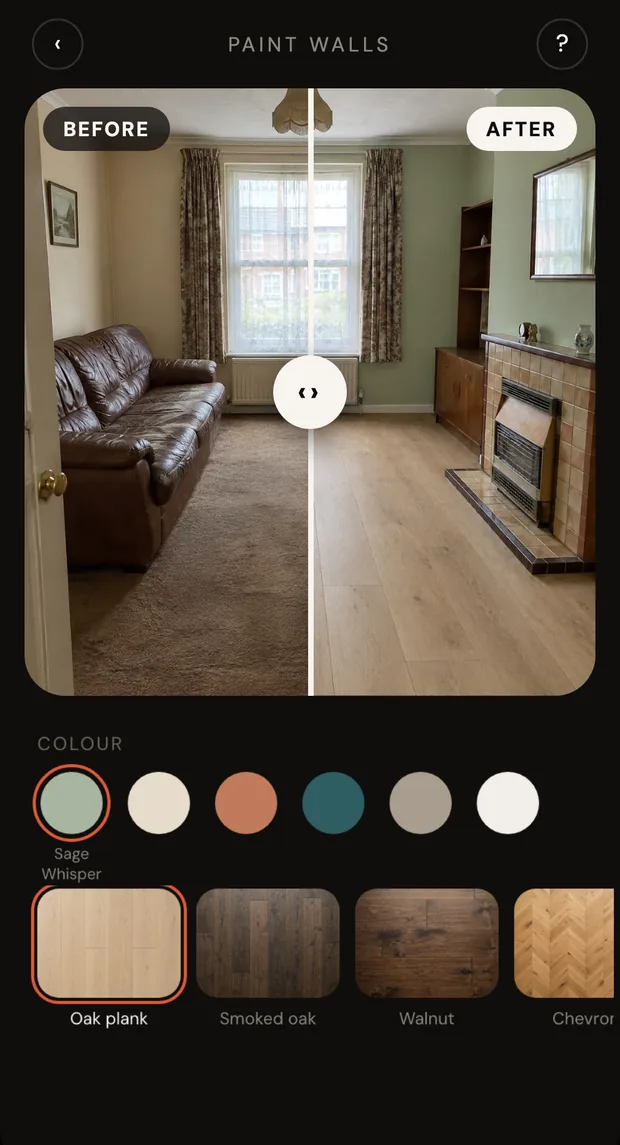 The Cozia Paint walls tool: a living room with a before and after slider and a row of paint colours
