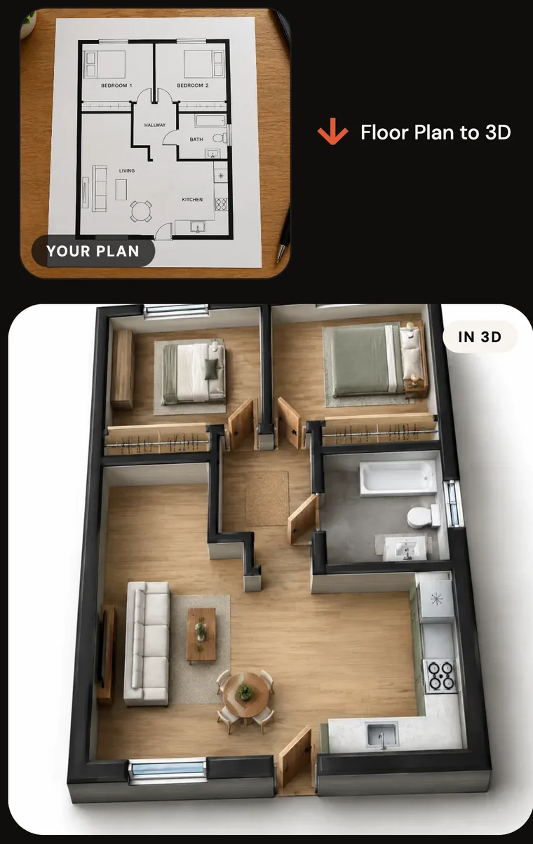 A paper floor plan and the furnished 3D render Cozia made from it