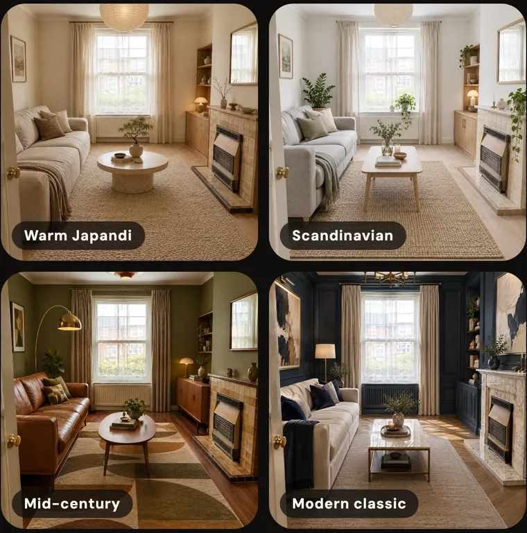 Four Cozia designs of the same living room in the styles Warm Japandi, Scandinavian, Mid-century and Modern classic